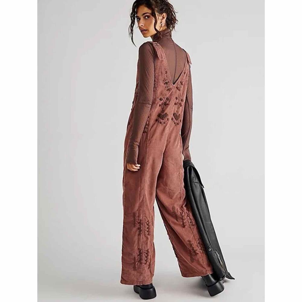 Free People Dusty Rose-Brown Embroidered Wide-Leg Jumpsuit